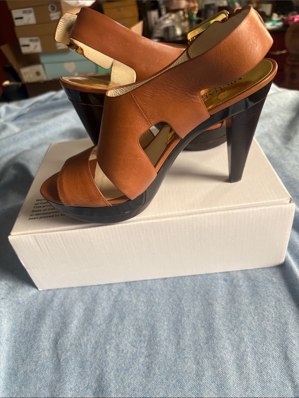 Michael Kors Tan Leather High Heel Slingback Sandals Platform 1in, heels 4 inch - Picture 3 of 9